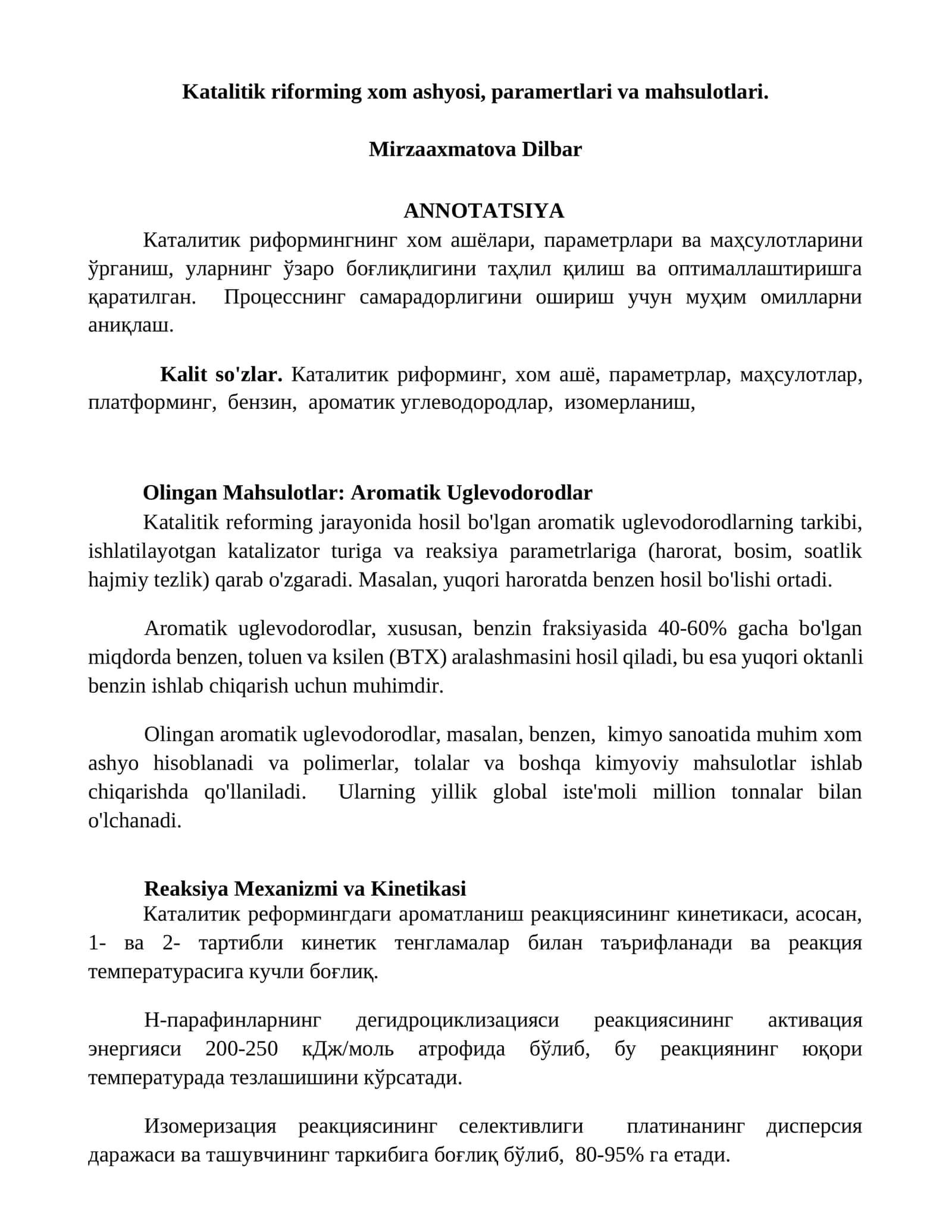 Katalitik riforming xom ashyosi, parametrlari va mahsulotlari