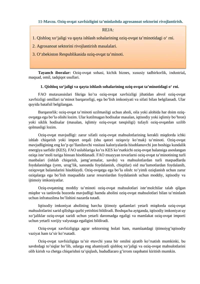 Oziq-ovqat xavfsizligini ta’minlashda agrosanoat sektorini rivojlantirish