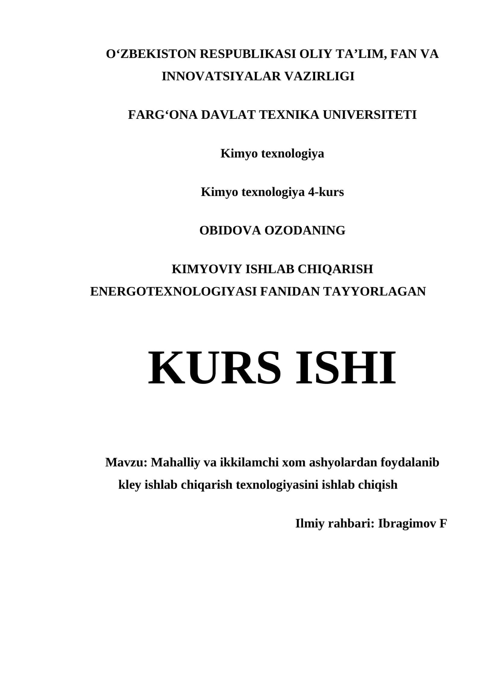 KIMYOVIY ISHLAB CHIQARISH ENERGOTEXNOLOGIYASI FANIDAN TAYYORLAGAN KURS ISHI