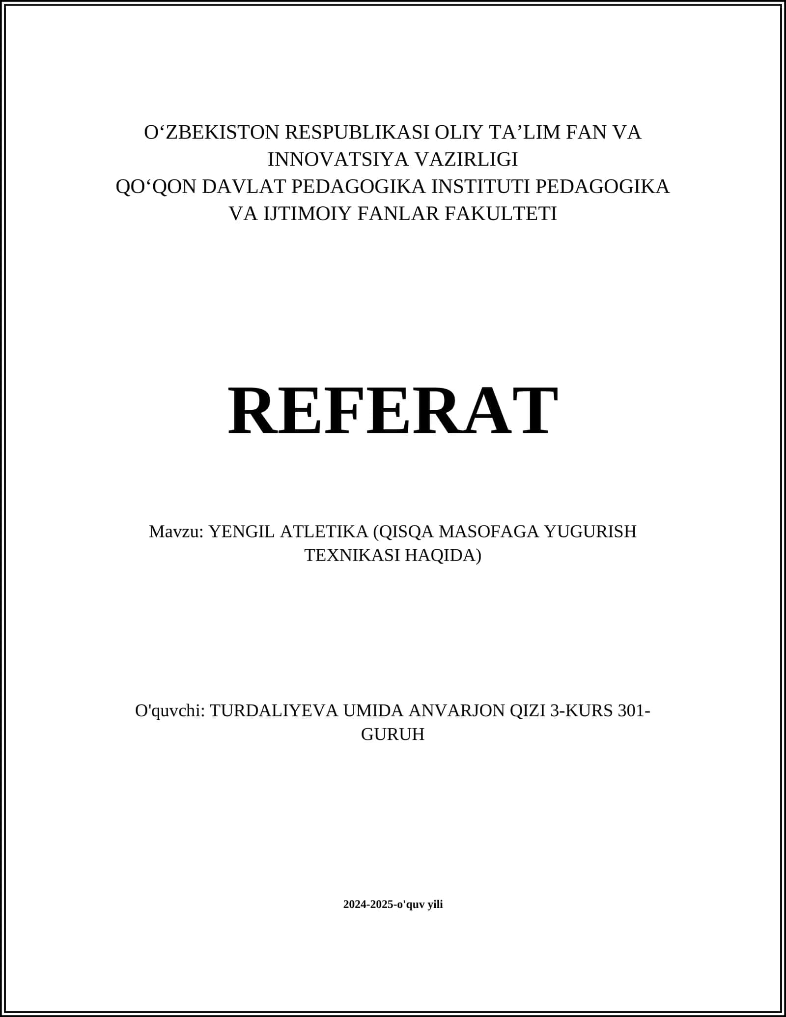 YENGIL ATLETIKA (QISQA MASOFAGA YUGURISH TEXNIKASI HAQIDA)