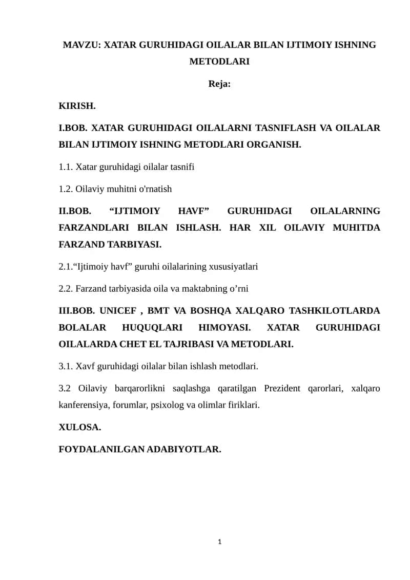 XATAR GURUHIDAGI OILALAR BILAN IJTIMOIY ISHNING METODLARI