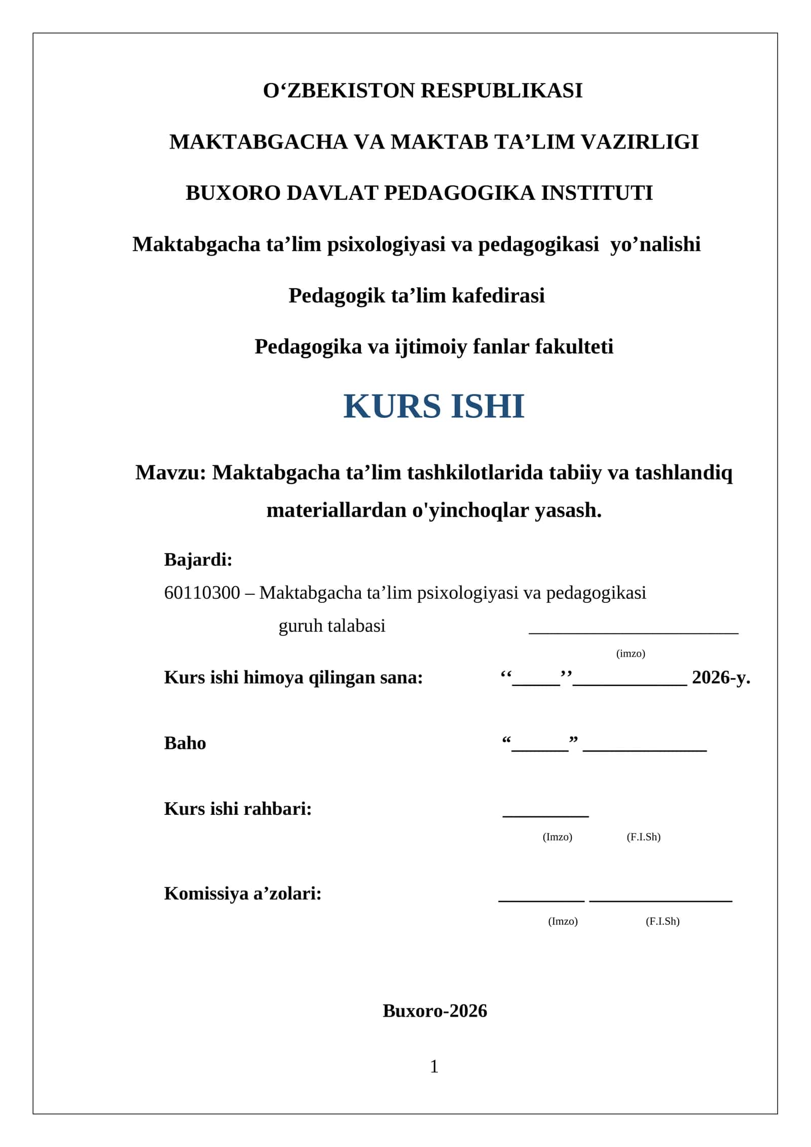 Maktabgacha ta’lim tashkilotlarida tabiiy va tashlandiq materiallardan o'yinchoqlar yasash. Kurs ishi