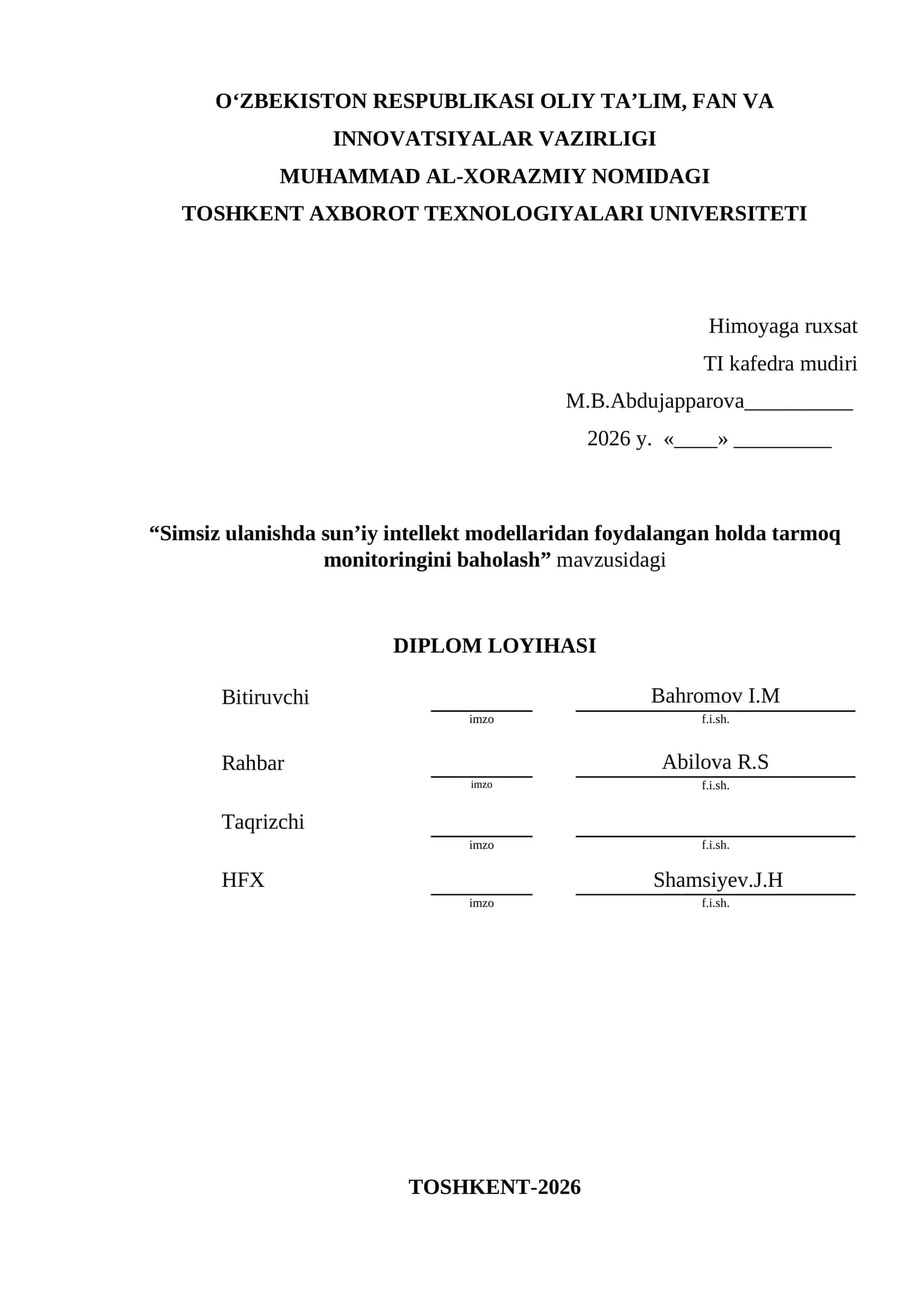 Simsiz ulanishda sun’iy intellekt modellaridan foydalangan holda tarmoq monitoringini baholash