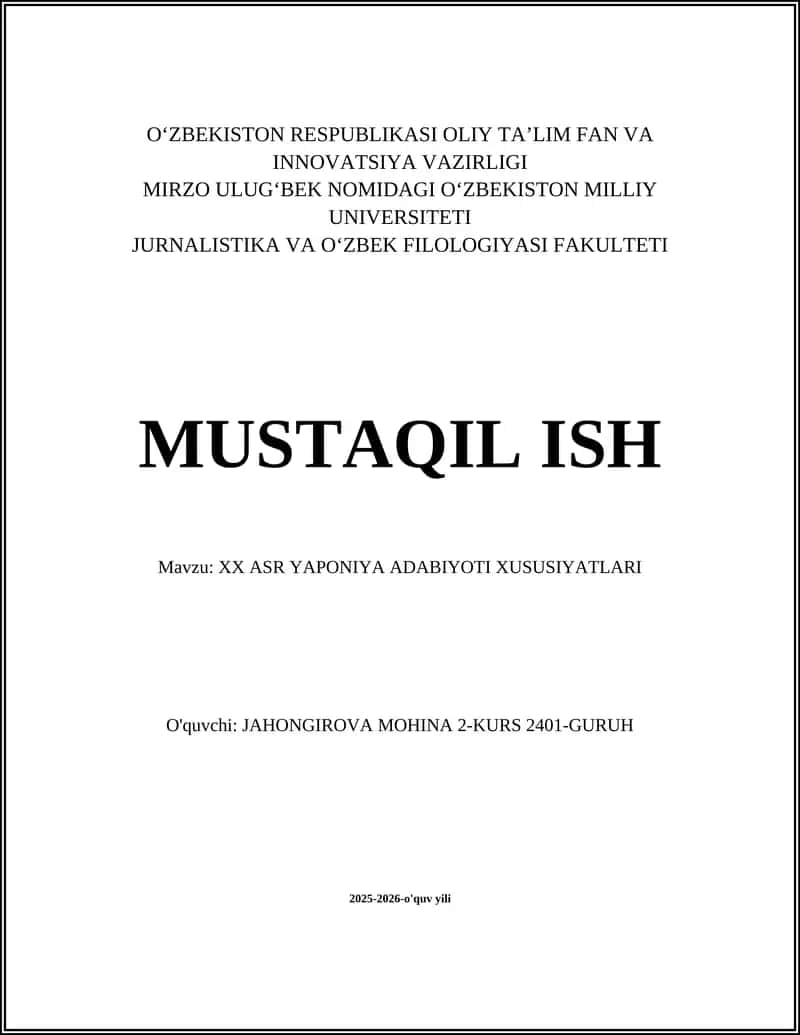 XX ASR YAPONIYA ADABIYOTI XUSUSIYATLARI