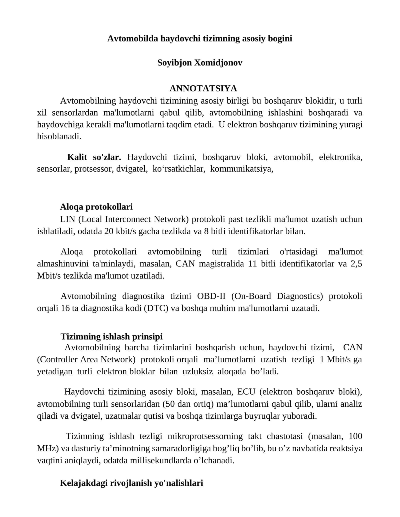 Avtomobilda haydovchi tizimning asosiy bogini