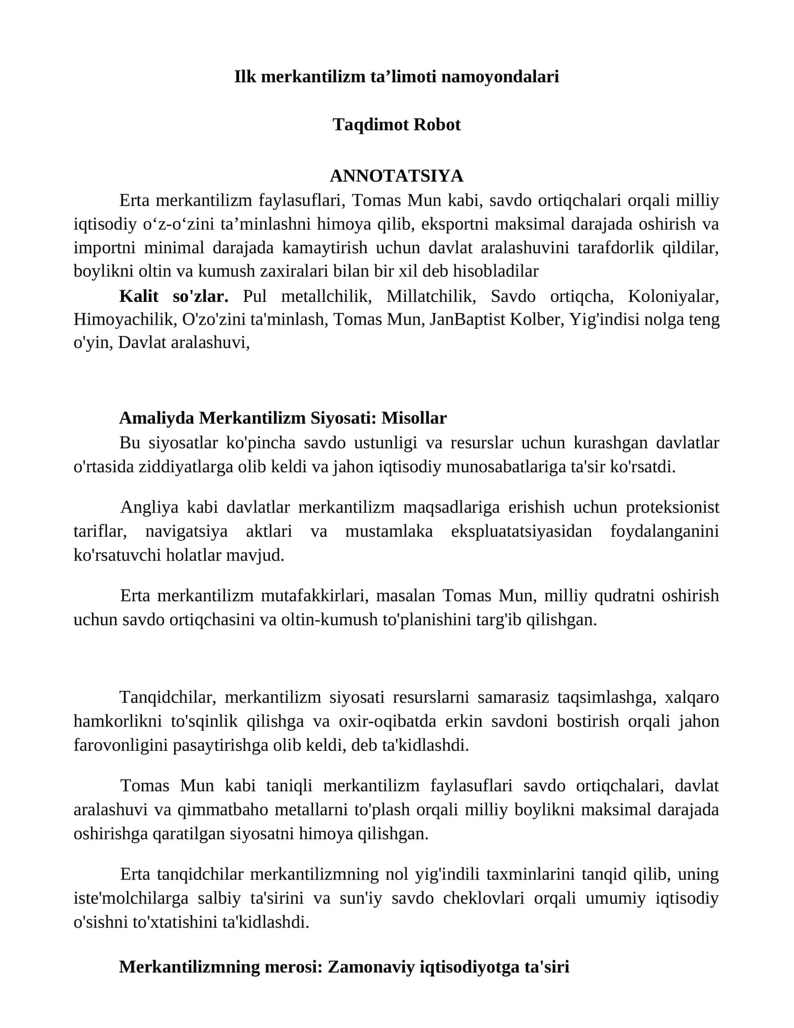 Ilk merkantilizm taʼlimoti namoyondalari