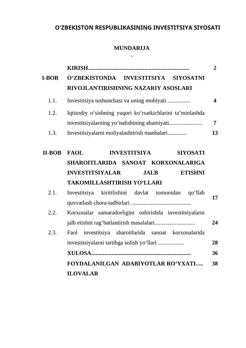O'ZBEKISTON RESPUBLIKASINING INVESTITSIYA SIYOSATI