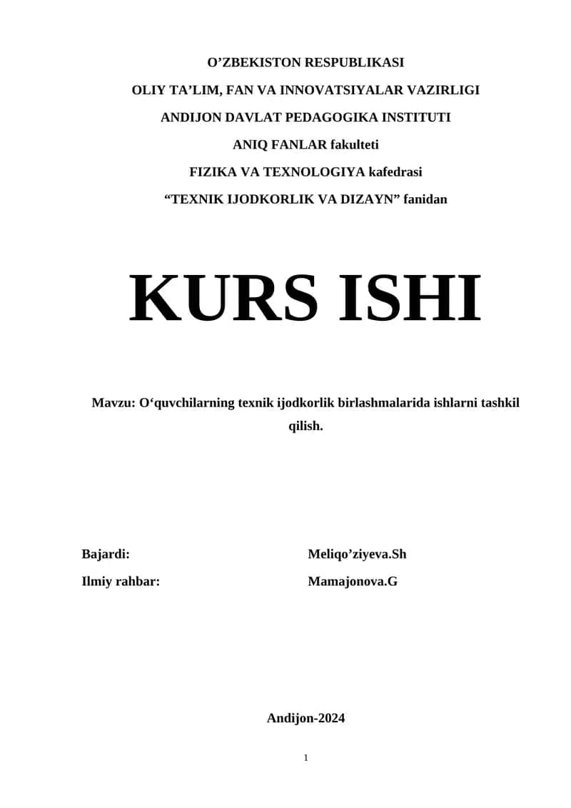 О‘quvchilarning texnik ijodkorlik birlashmalarida ishlarni tashkil qilish
