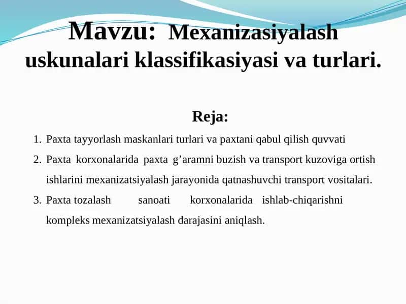 Mexanizasiyalash uskunalarining klassifikatsiyasi