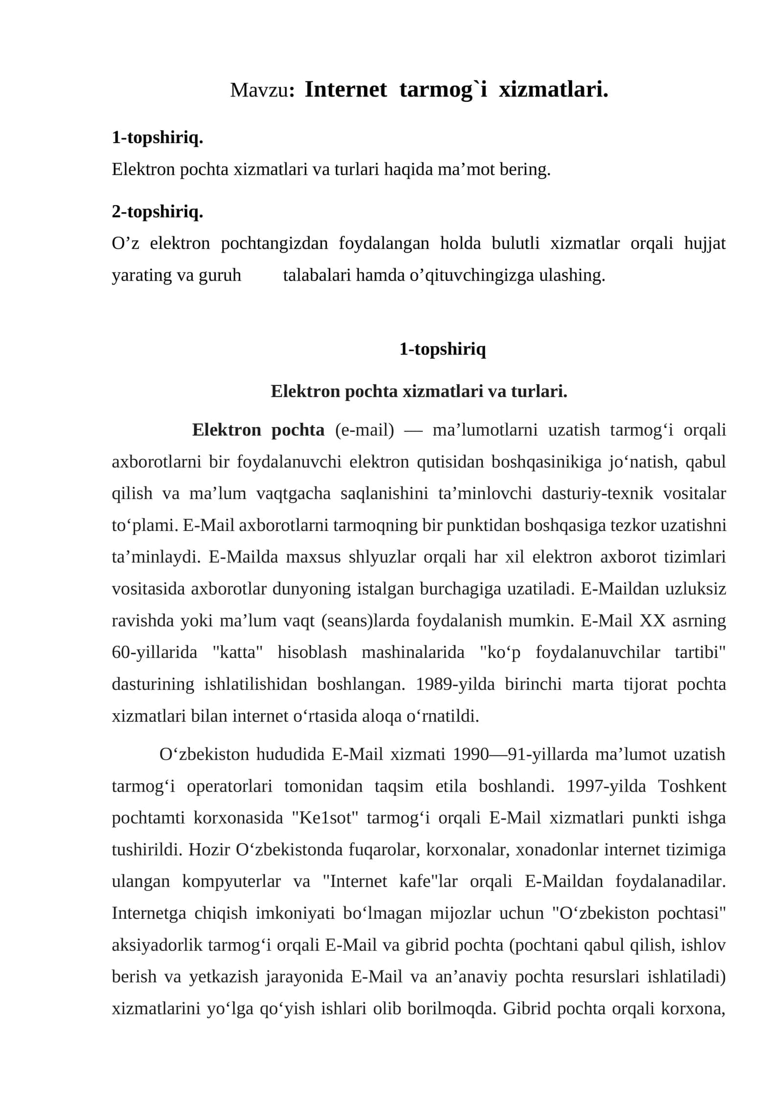 Internet tarmog`i xizmatlari