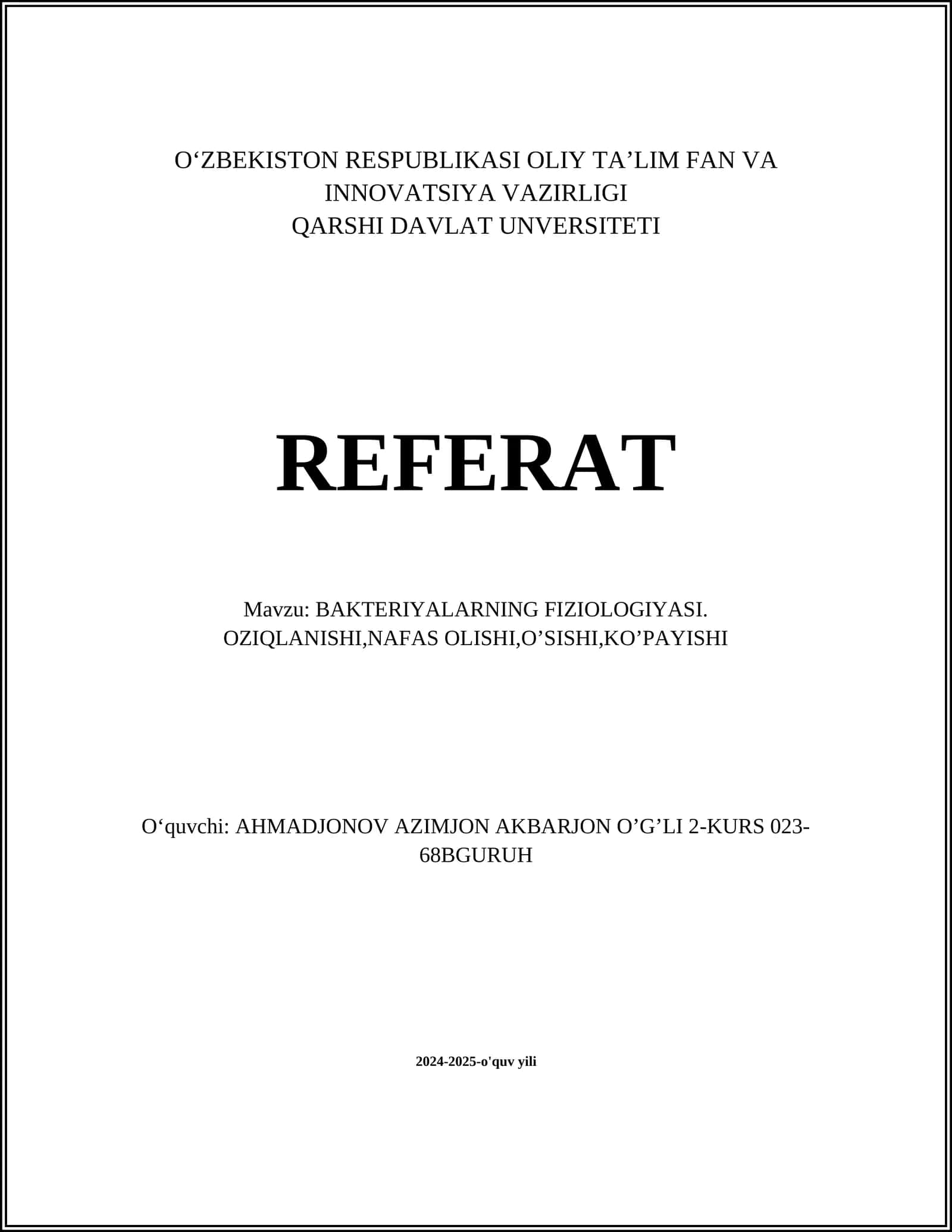 BAKTERIYALARNING FIZIOLOGIYASI