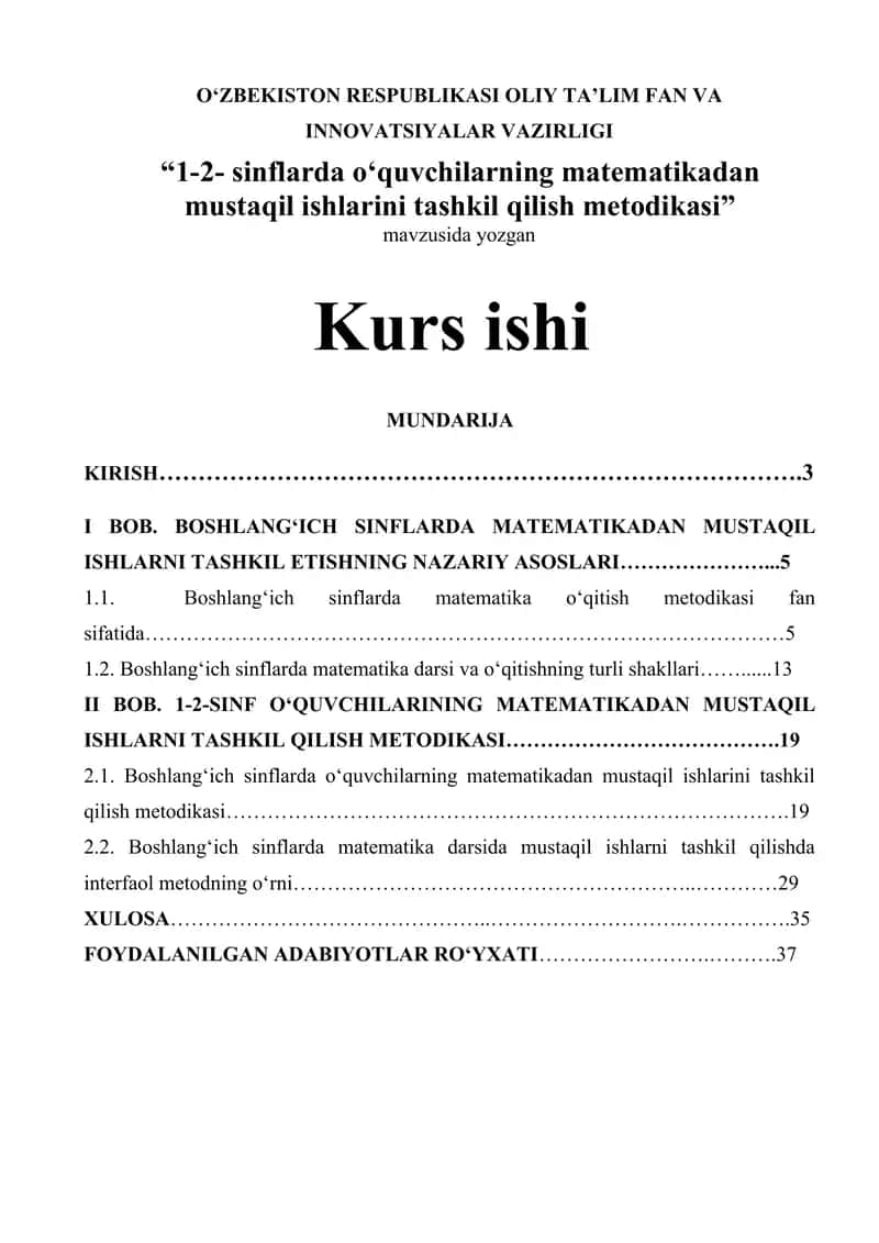 1-2 sinflarda o‘quvchilarning matematikadan mustaqil ishlarini tashkil qilish metodikasi