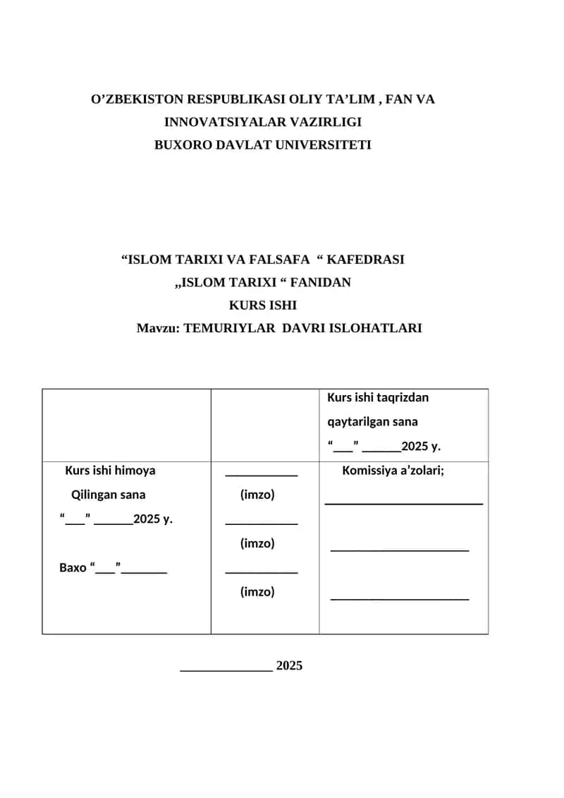TEMURIYLAR DAVRI ISLOHATLARI