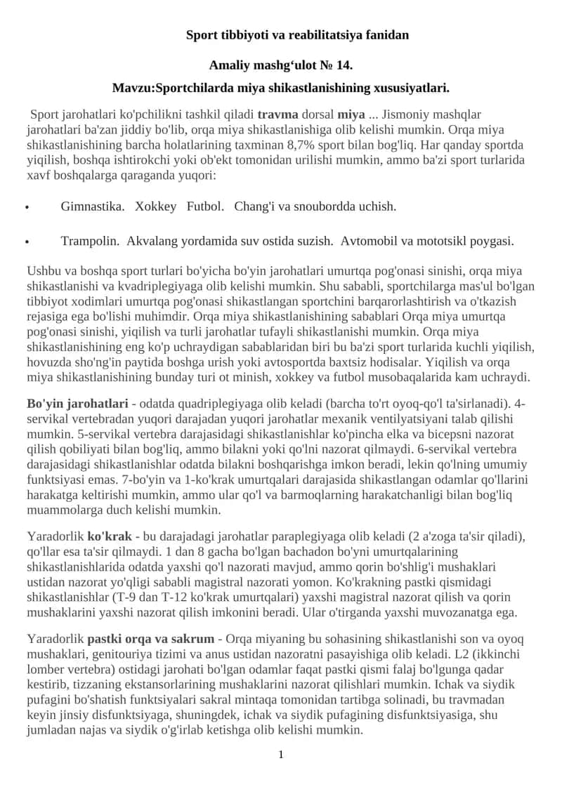 Sport tibbiyoti va reabilitatsiya fanidan