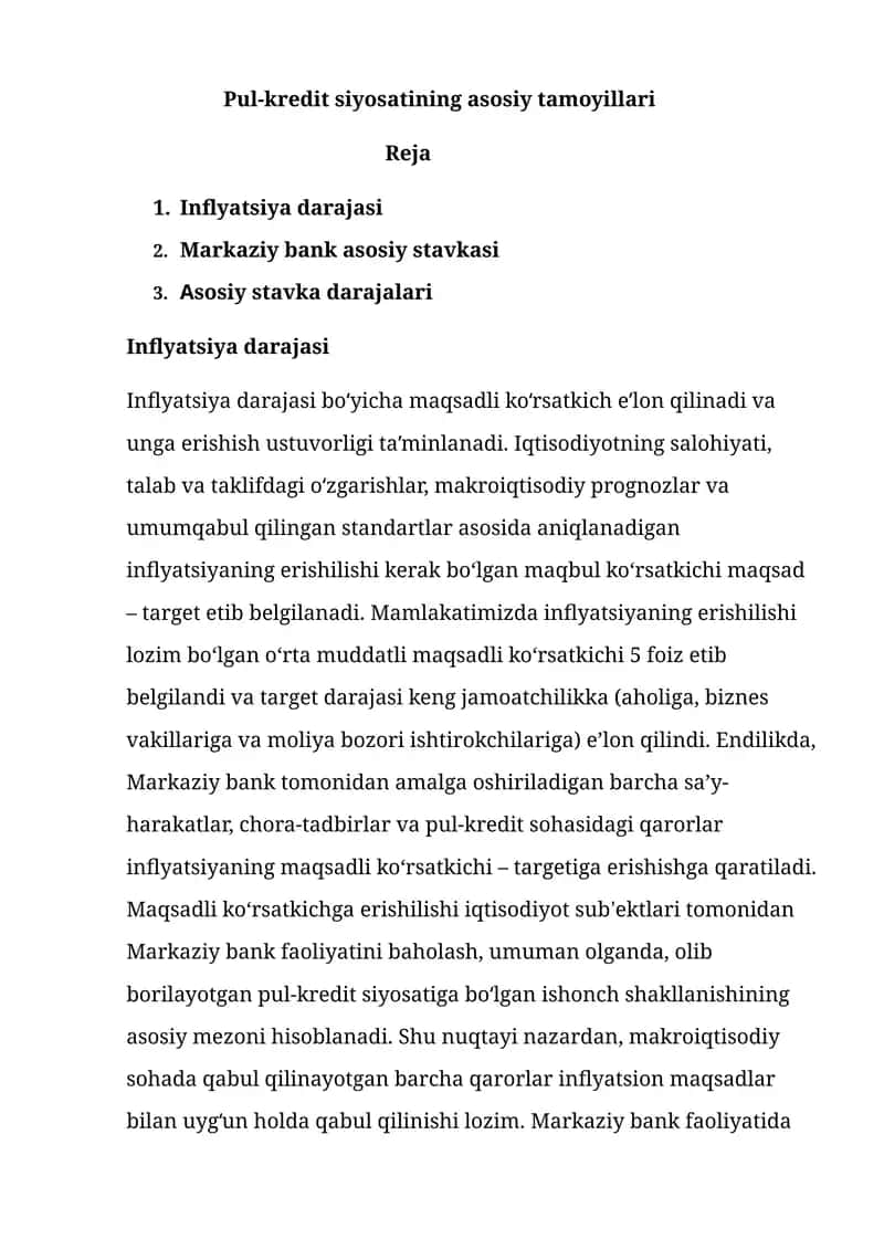 Pul-kredit siyosatining asosiy tamoyillari