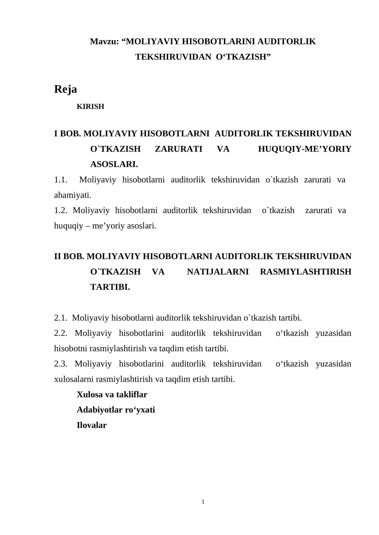 MOLIYAVIY HISOBOTLARINI AUDITORLIK TEKSHIRUVIDAN O‘TKAZISH