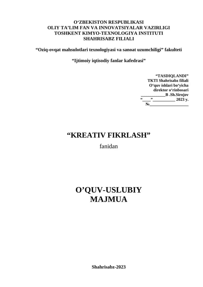 KREATIV FIKRLASH Ushbu uslubiy ko’rsatma