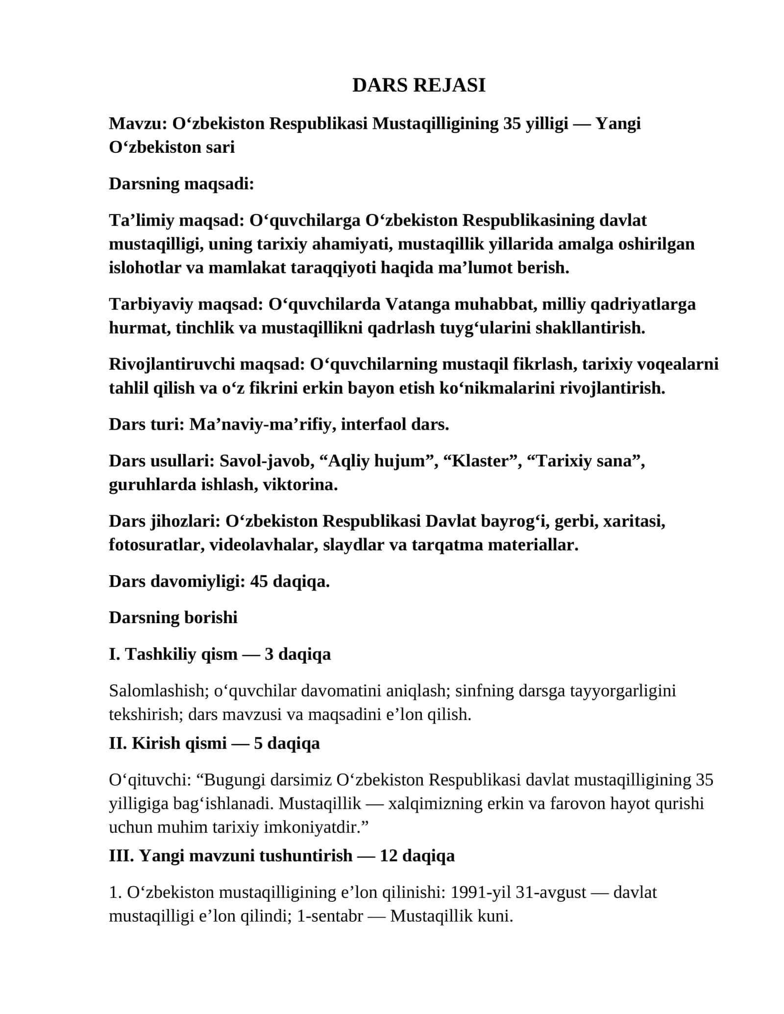 Mustaqillik darsi uchun reja