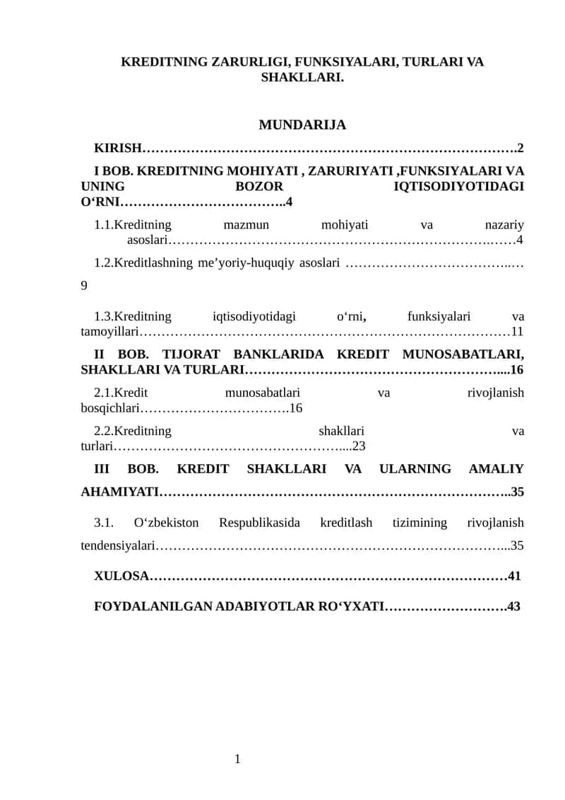 KREDITNING ZARURLIGI, FUNKSIYALARI, TURLARI VA SHAKLLARI
