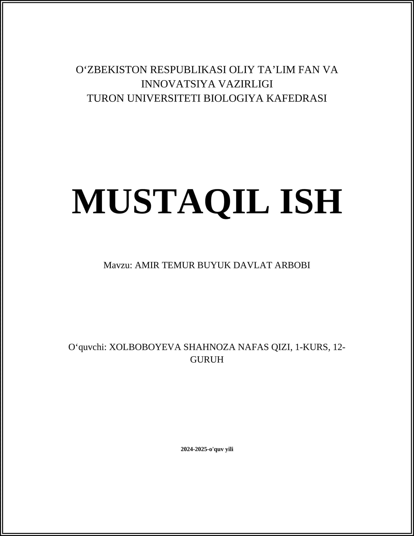 AMIR TEMUR BUYUK DAVLAT ARBOBI