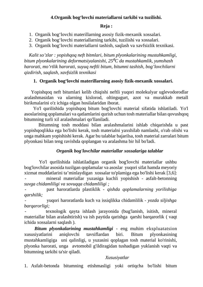 Organik bog‘lovchi materiallarni tarkibi va tuzilishi