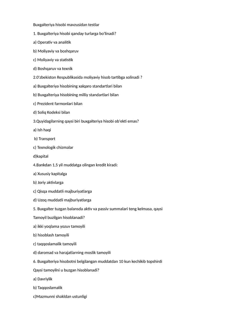 Buxgalteriya hisobi mavzusidan testlar