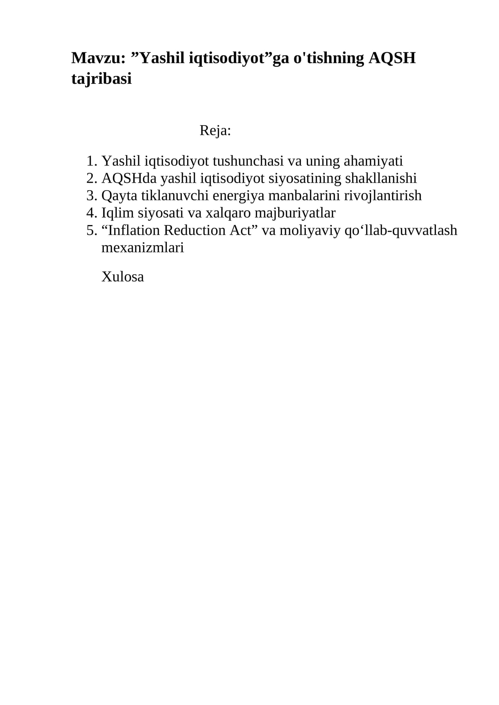 Yashil iqtisodiyotga o'tishning AQSH tajribasi