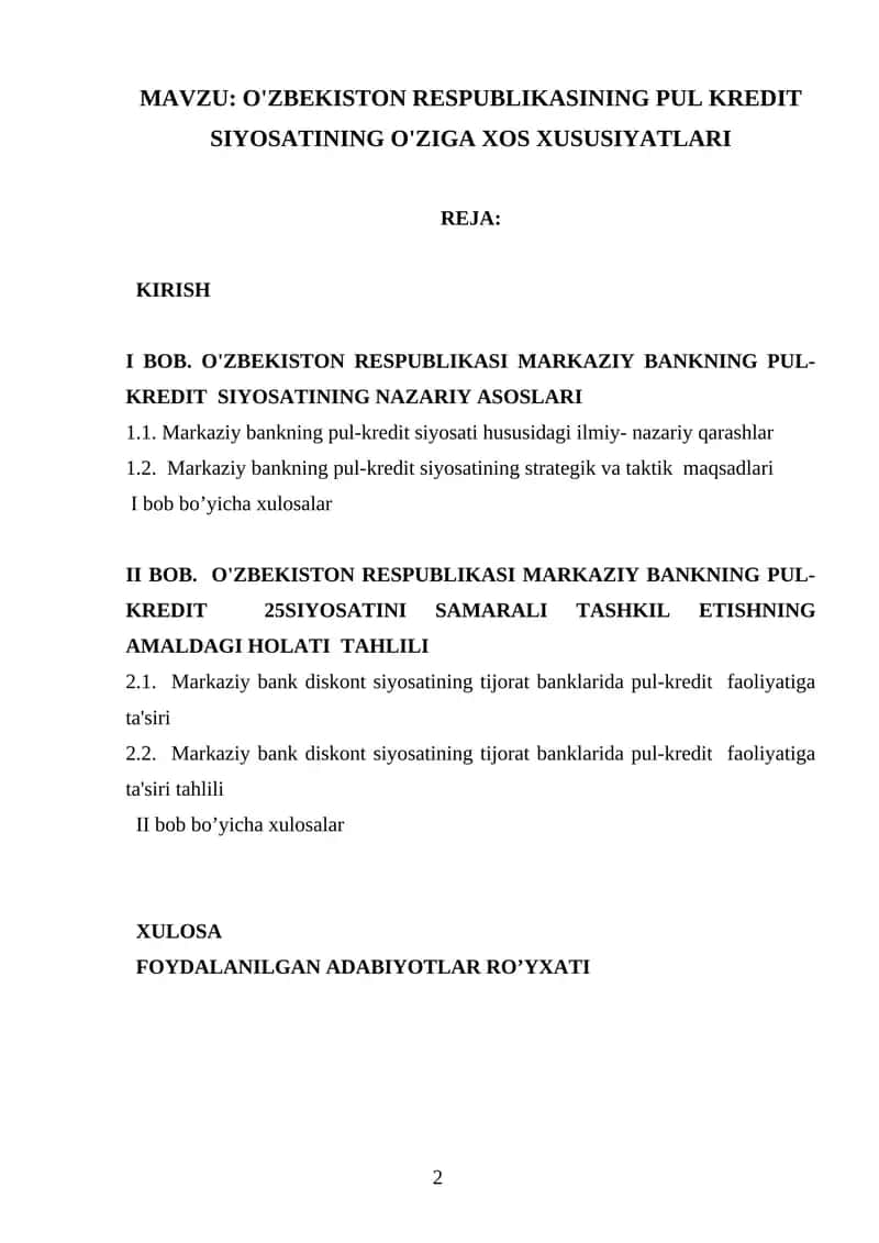 O'ZBEKISTON RESPUBLIKASINING PUL KREDIT SIYOSATINING O'ZIGA XOS XUSUSIYATLARI