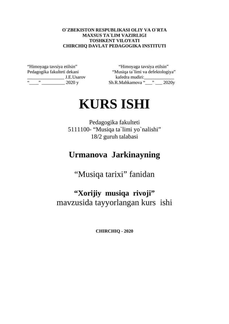 Kurs Ishi - "Musiqa ta`limi yo`nalishi"