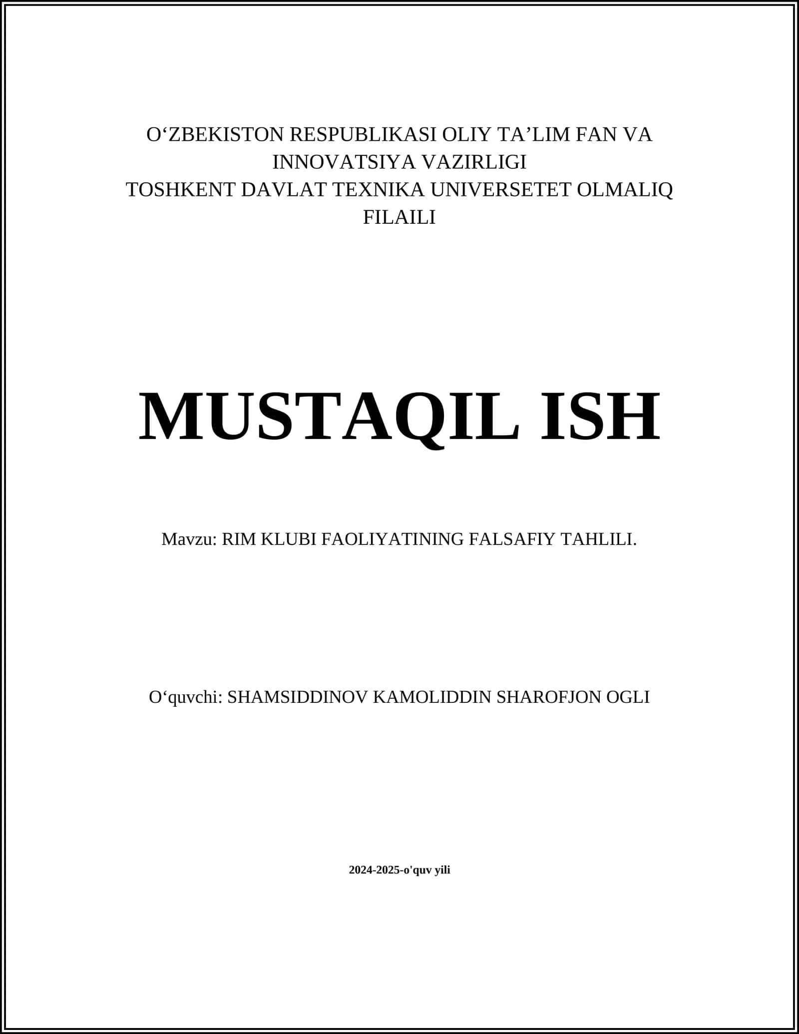 RIM KLUBI FAOLIYATINING FALSAFIY TAHLILI