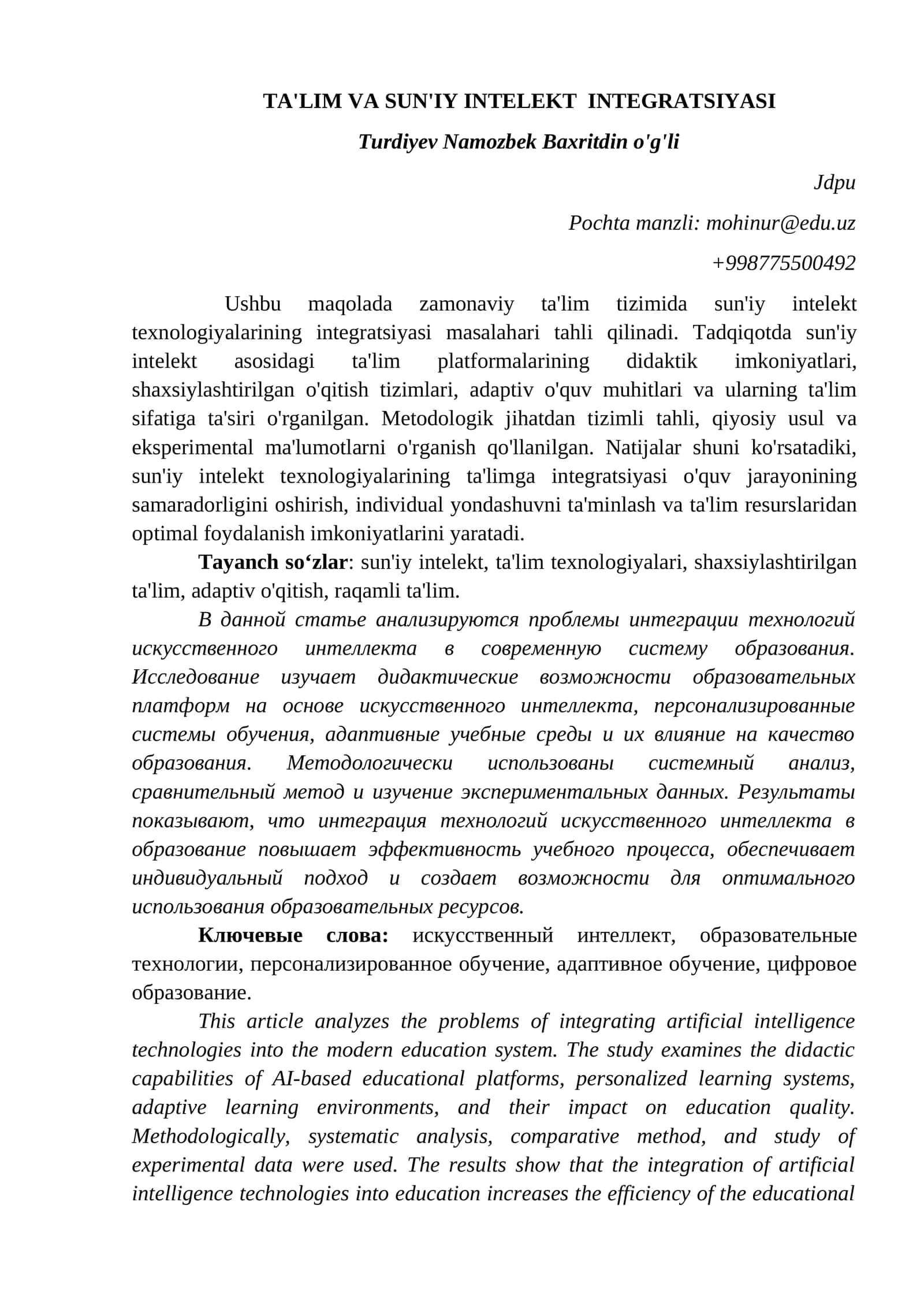 TA'LIM VA SUN'IY INTELEKT INTEGRATSIYASI