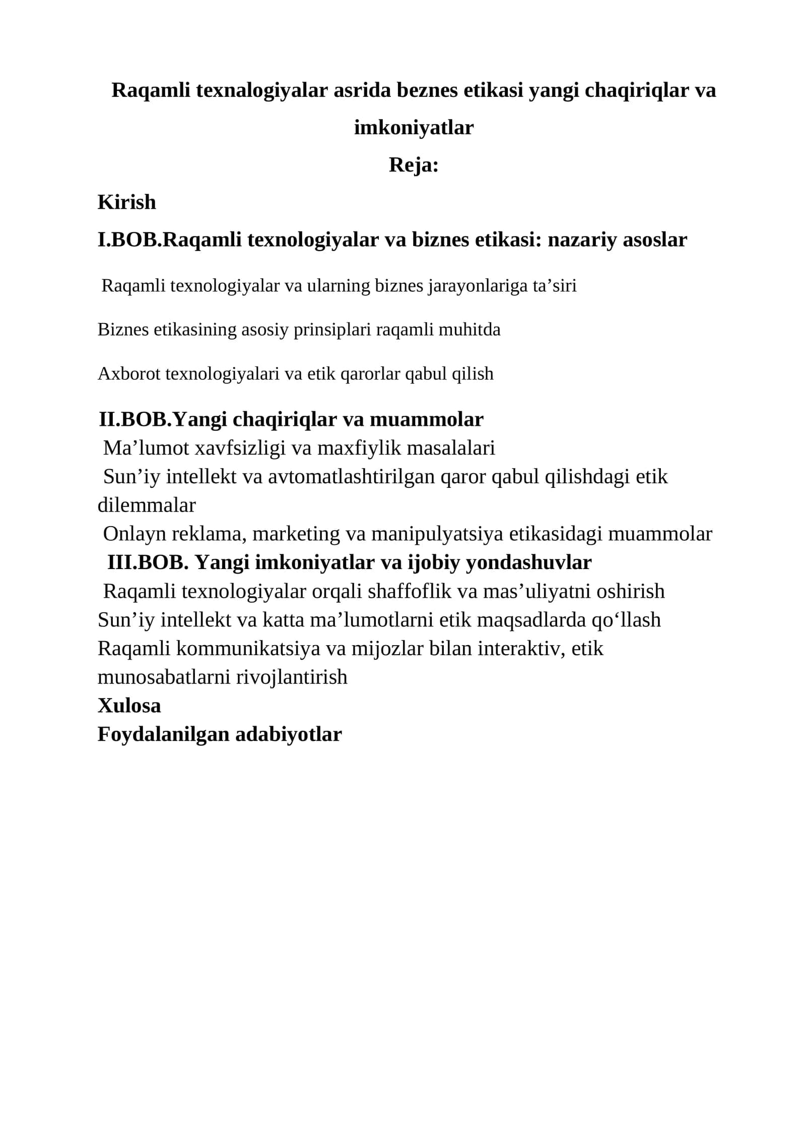 Raqamli texnalogiyalar asrida beznes etikasi yangi chaqiriqlar va imkoniyatlar