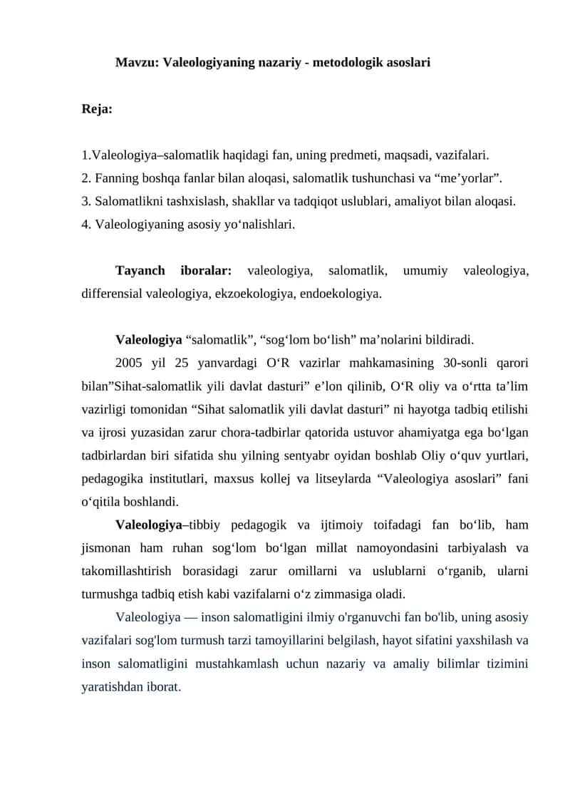 Valeologiyaning nazariy - metodologik asoslari