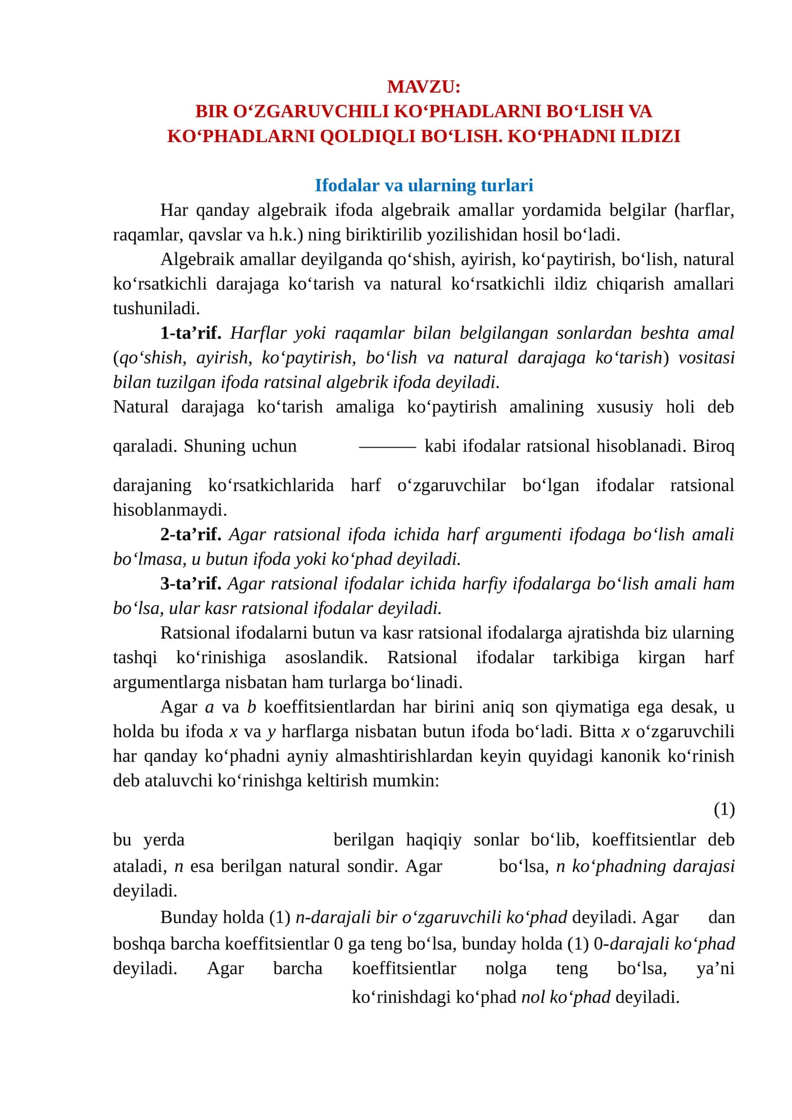 BIR O‘ZGARUVCHILI KO‘PHADLARNI BO‘LISH VA KO‘PHADNI ILDIZI