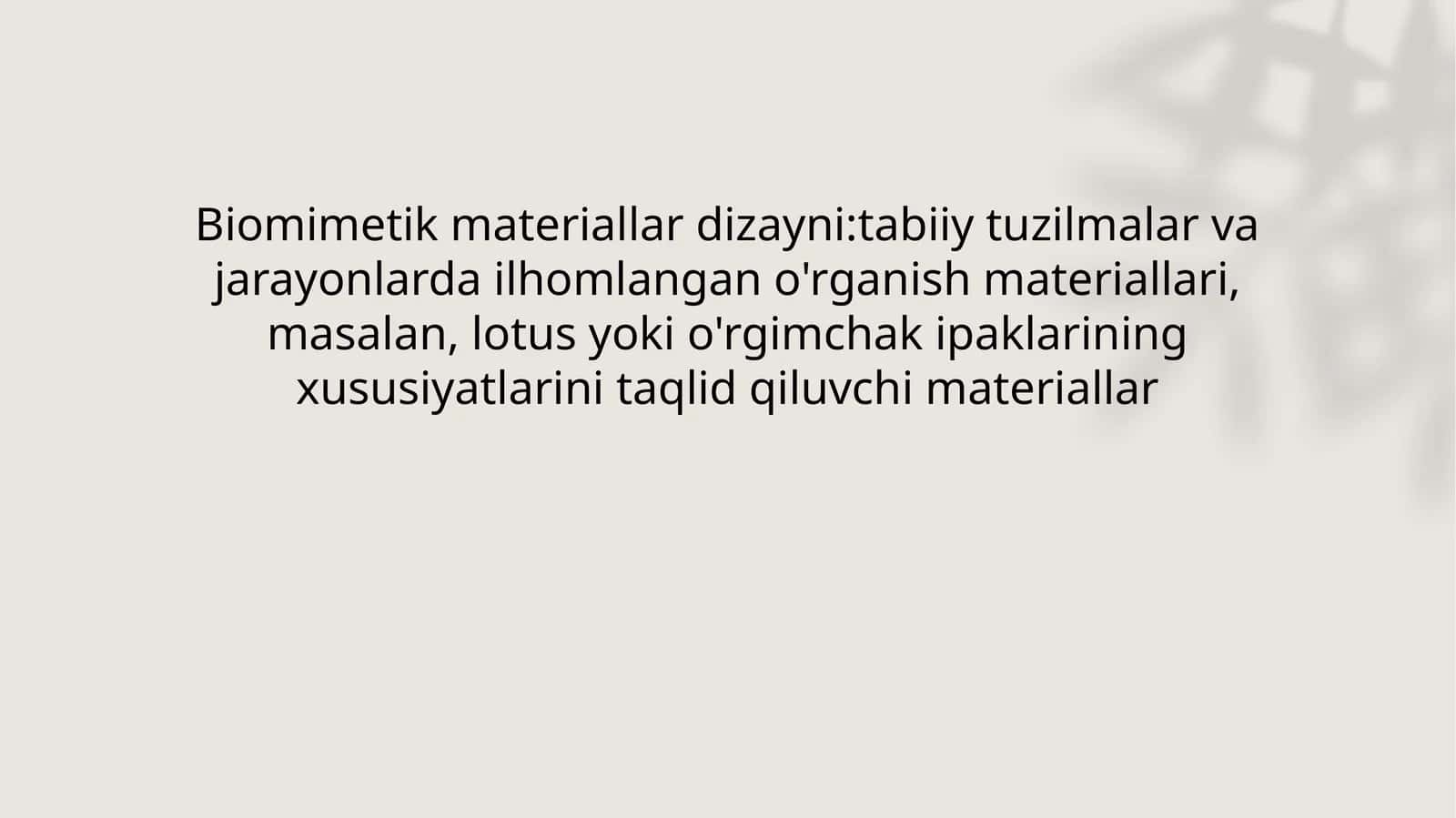 Biomimetik materiallar dizayni: tabiiy tuzilmalar va jarayonlarda ilhomlangan o'rganish materiallari