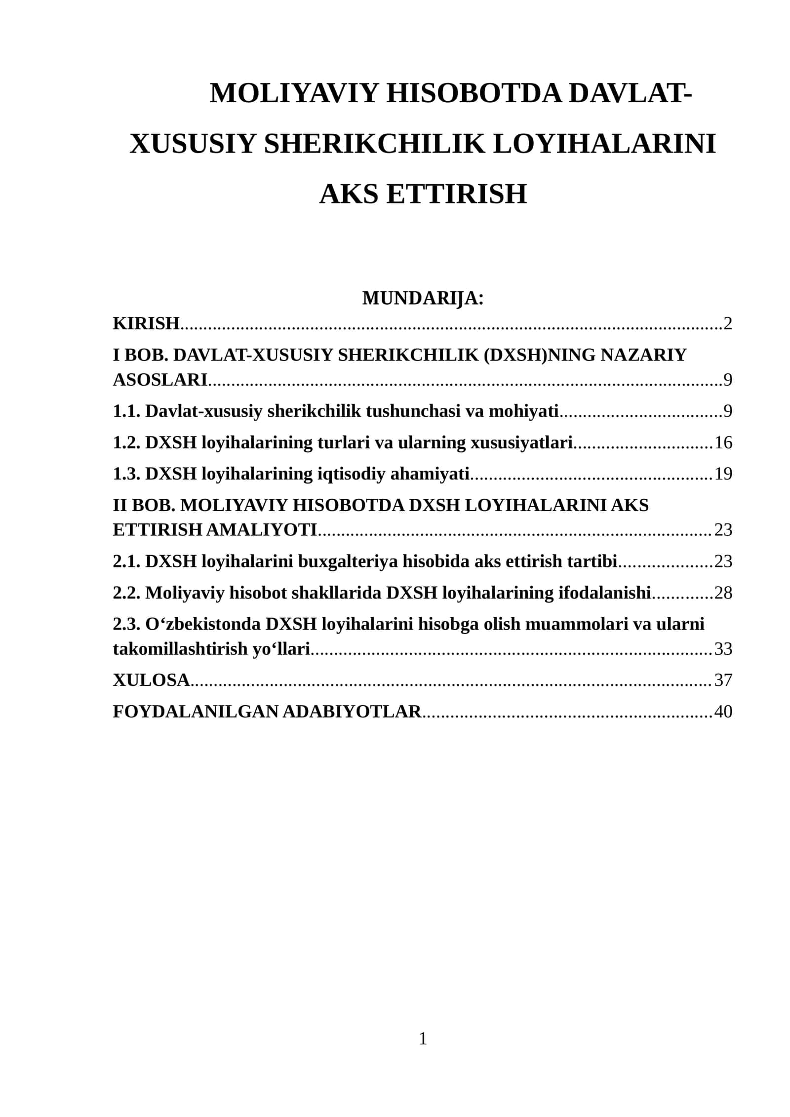 MOLIYAVIY HISOBOTDA DAVLAT-XUSUSIY SHERIKCHILIK LOYIHALARINI AKS ETTIRISH