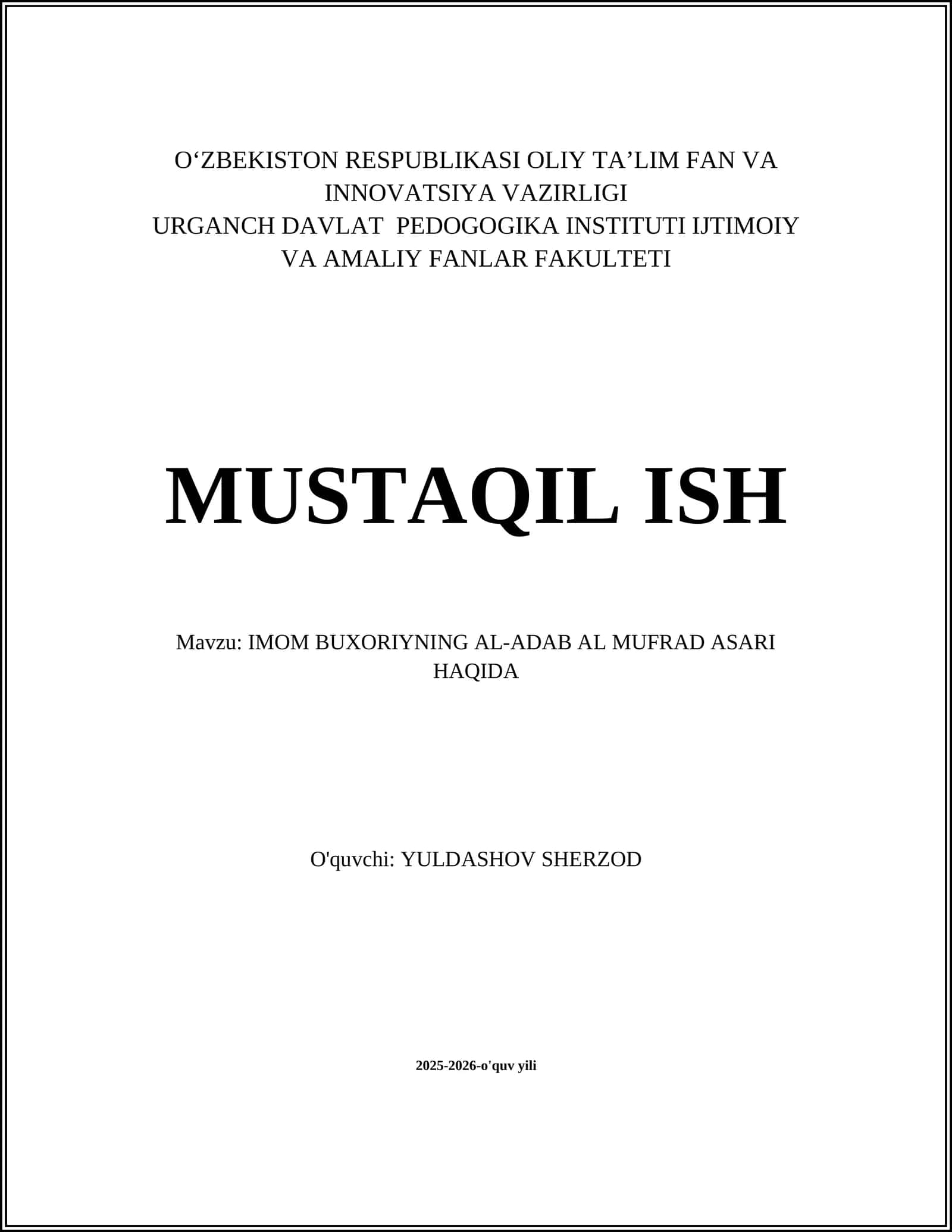 IMOM BUXORIYNING AL-ADAB AL MUFRAD ASARI