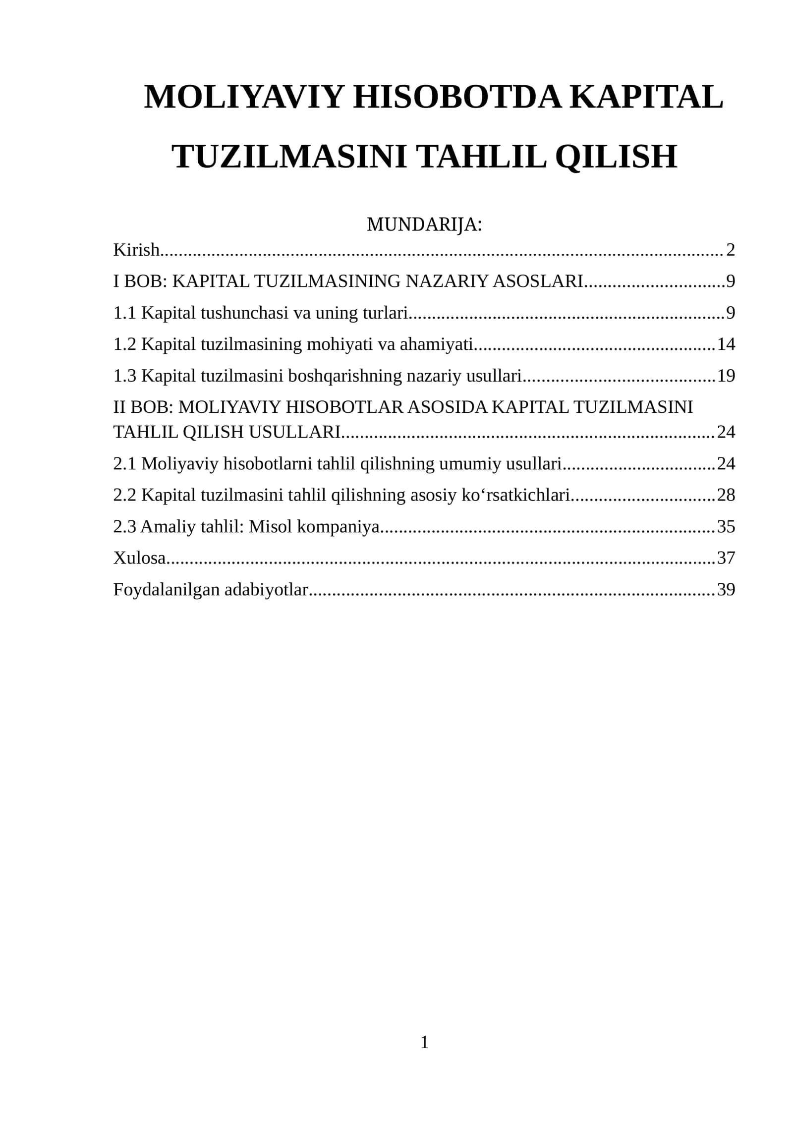 MOLIYAVIY HISOBOTDA KAPITAL TUZILMASINI TAHLIL QILISH