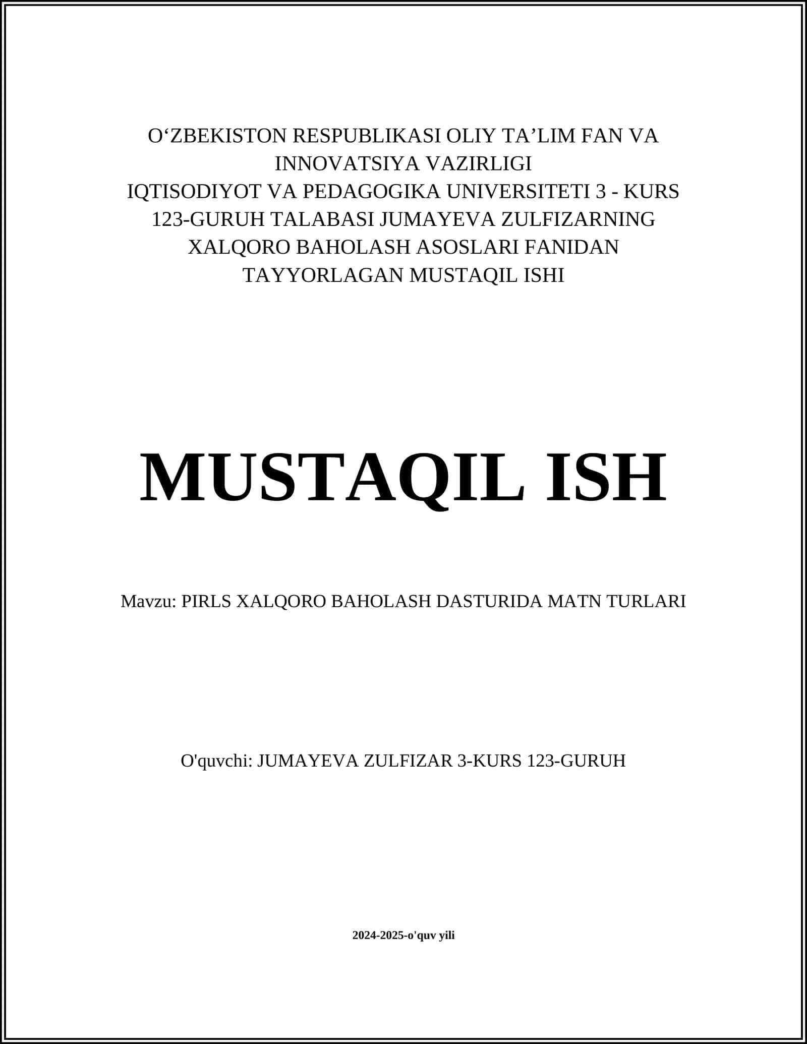 PIRLS XALQORO BAHOLASH DASTURIDA MATN TURLARI