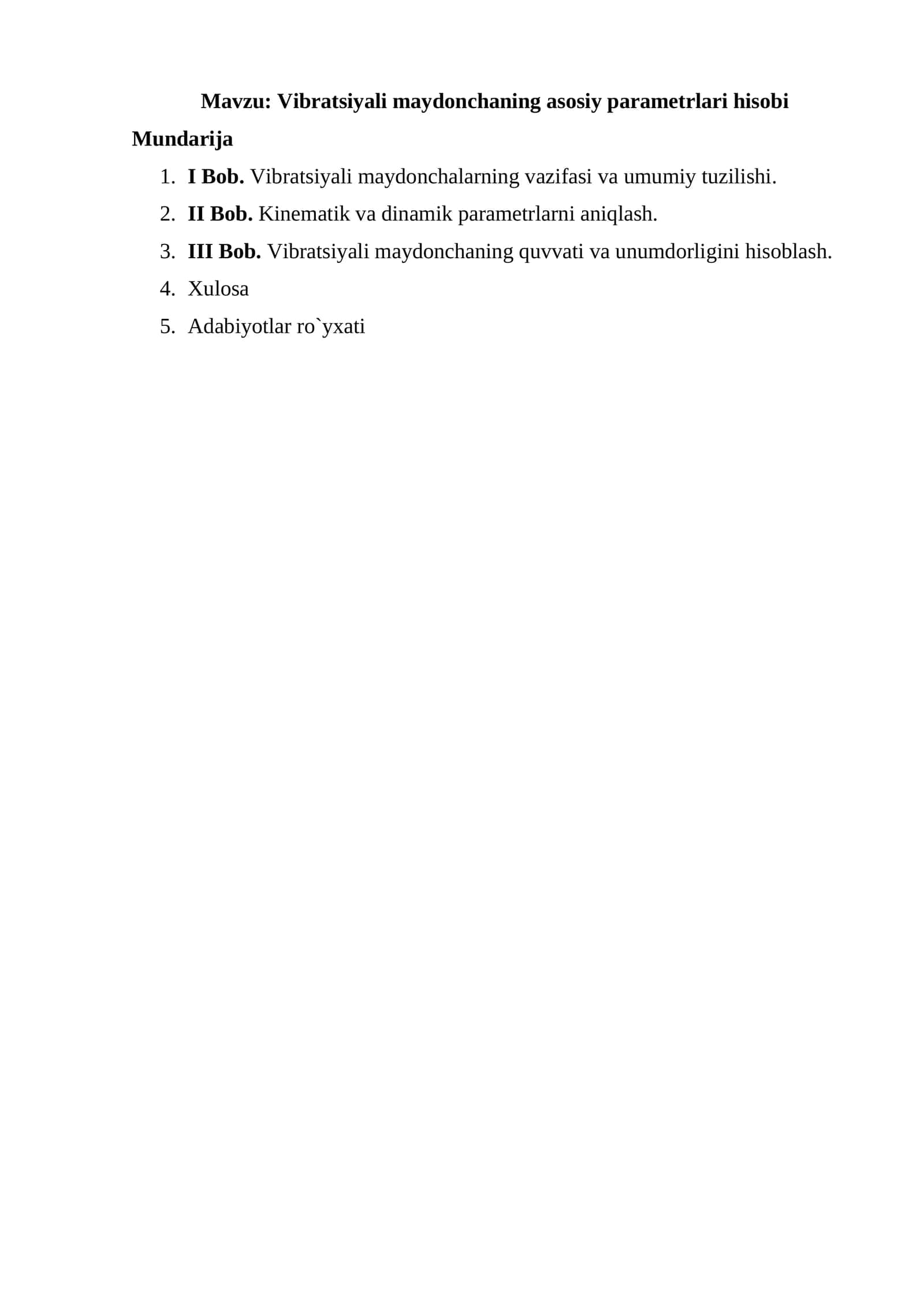 Vibratsiyali maydonchaning asosiy parametrlari hisobi