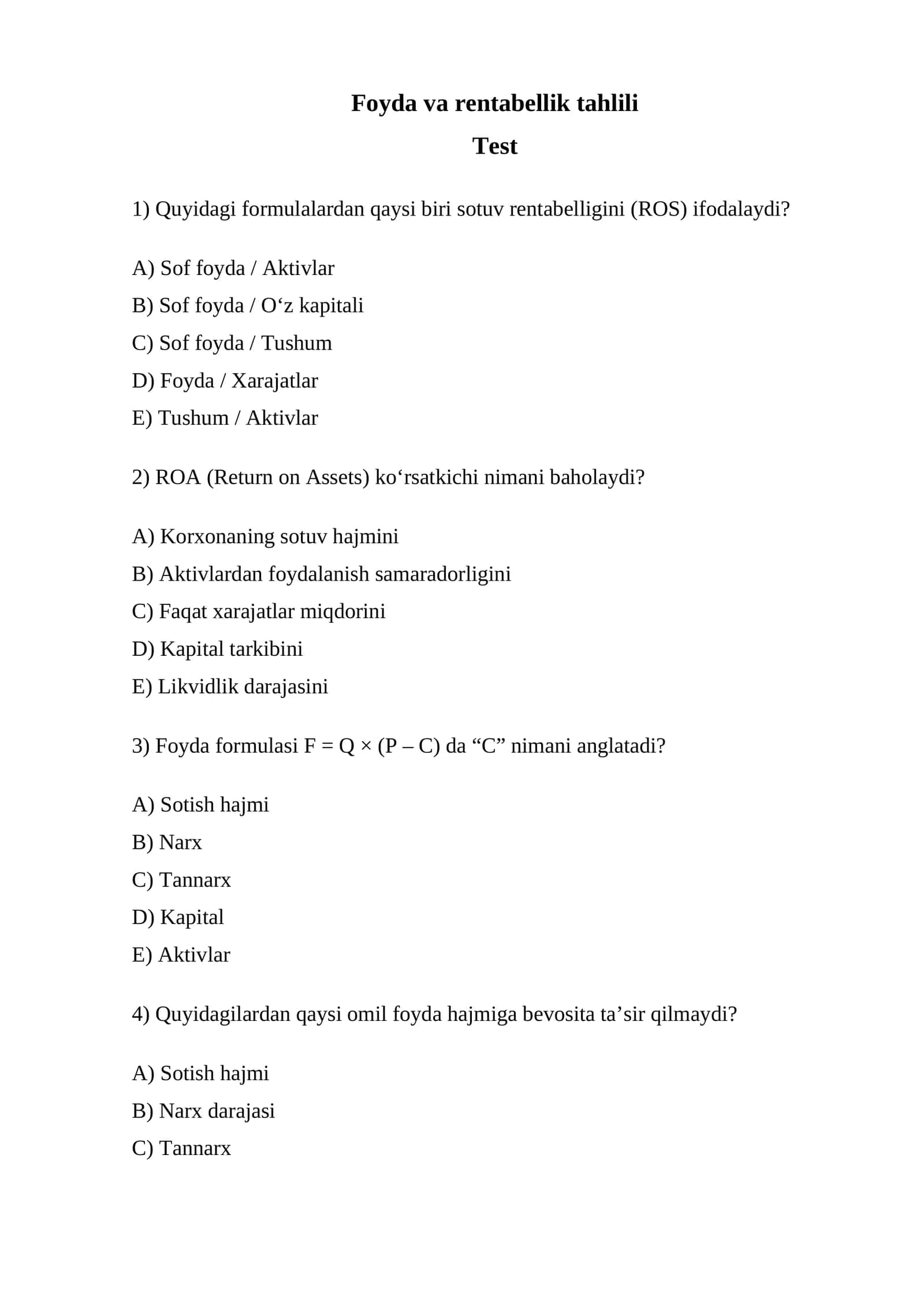 Foyda va rentabellik tahlili
