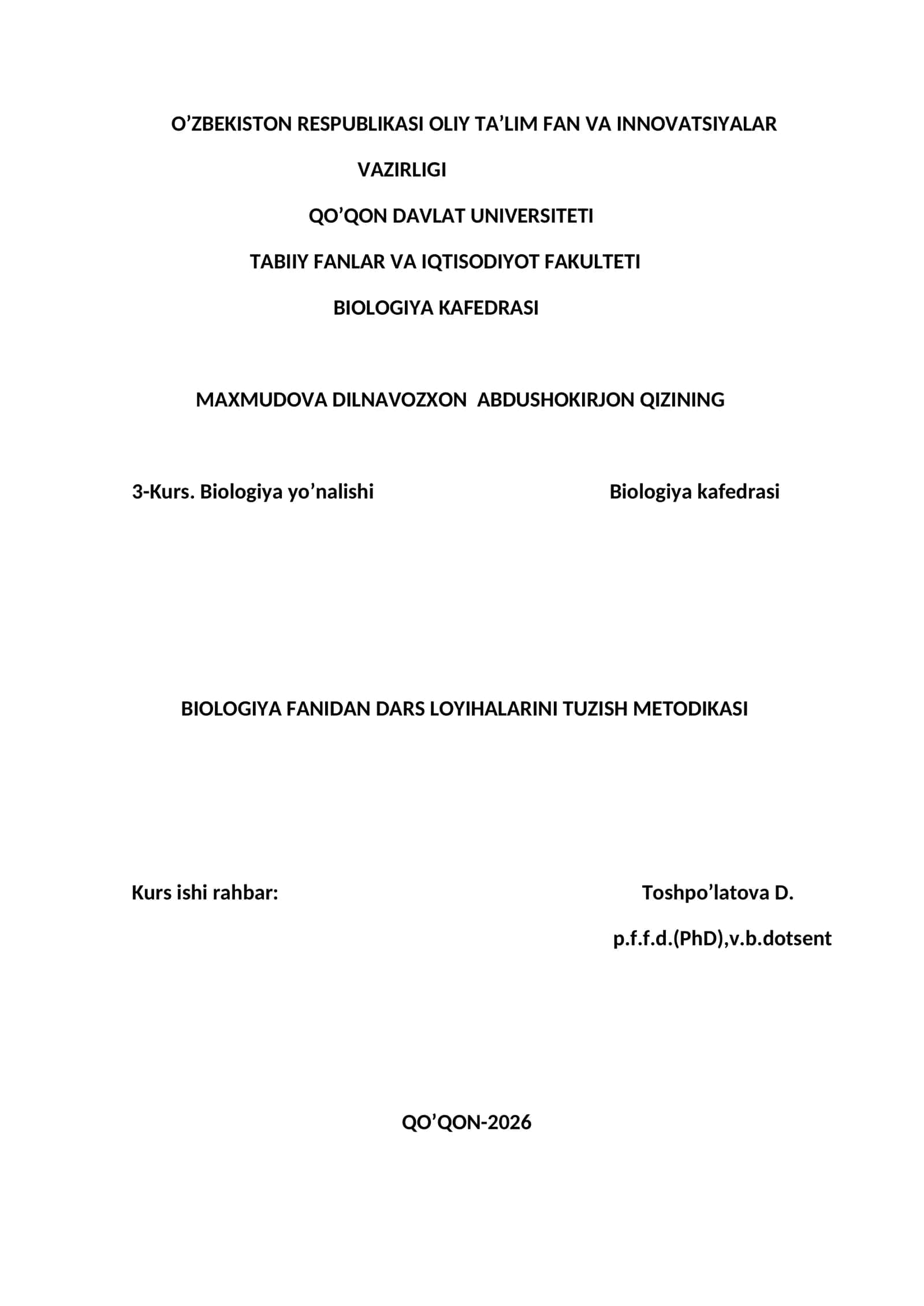 BIologiya FANIDAN DARS LOYIHALARINI TUZISH METODIKASI