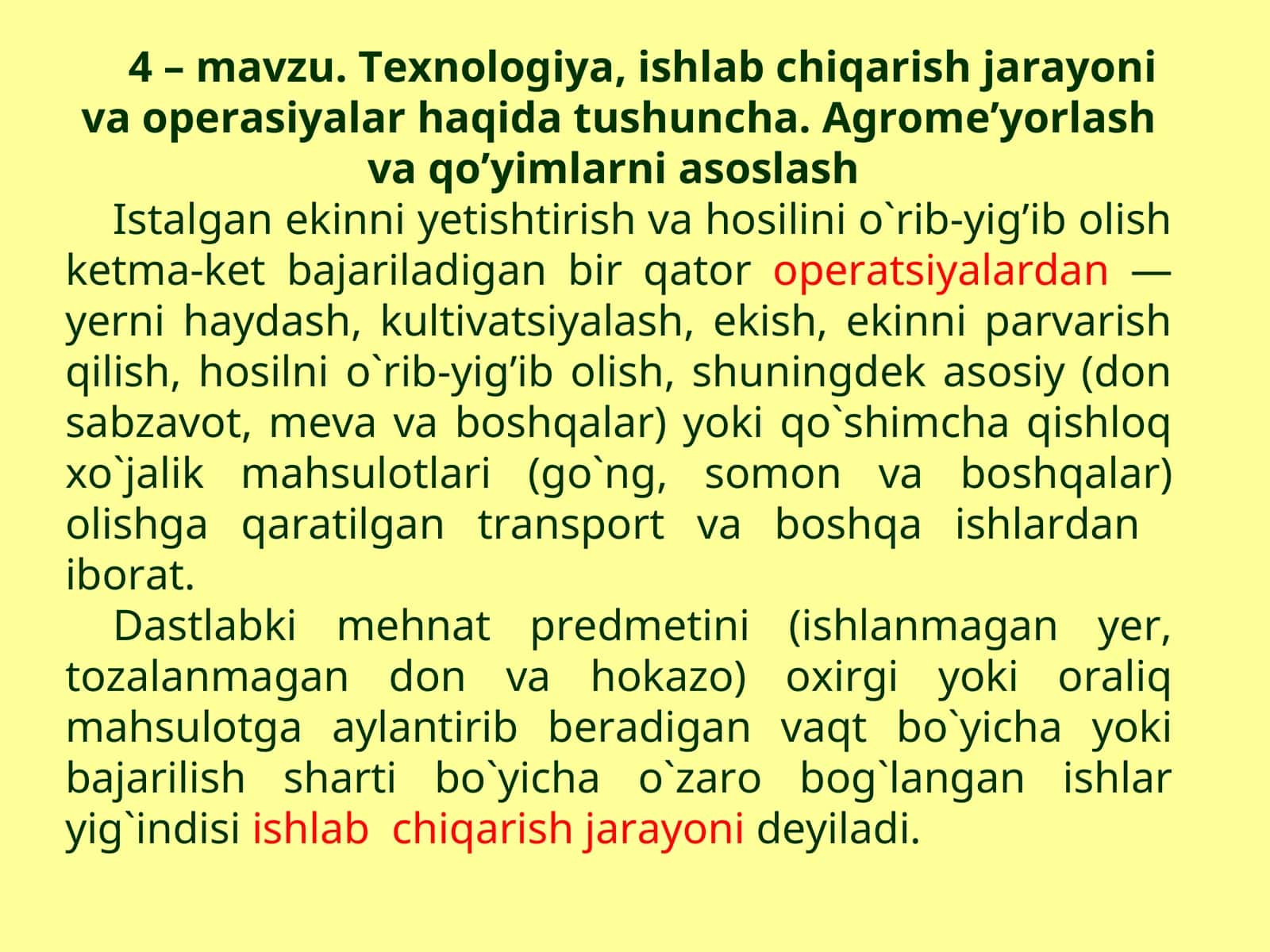 Texnologiya, ishlab chiqarish jarayoni va operasiyalar haqida tushuncha. Agrome’yorlash va qo’yimlarni asoslash