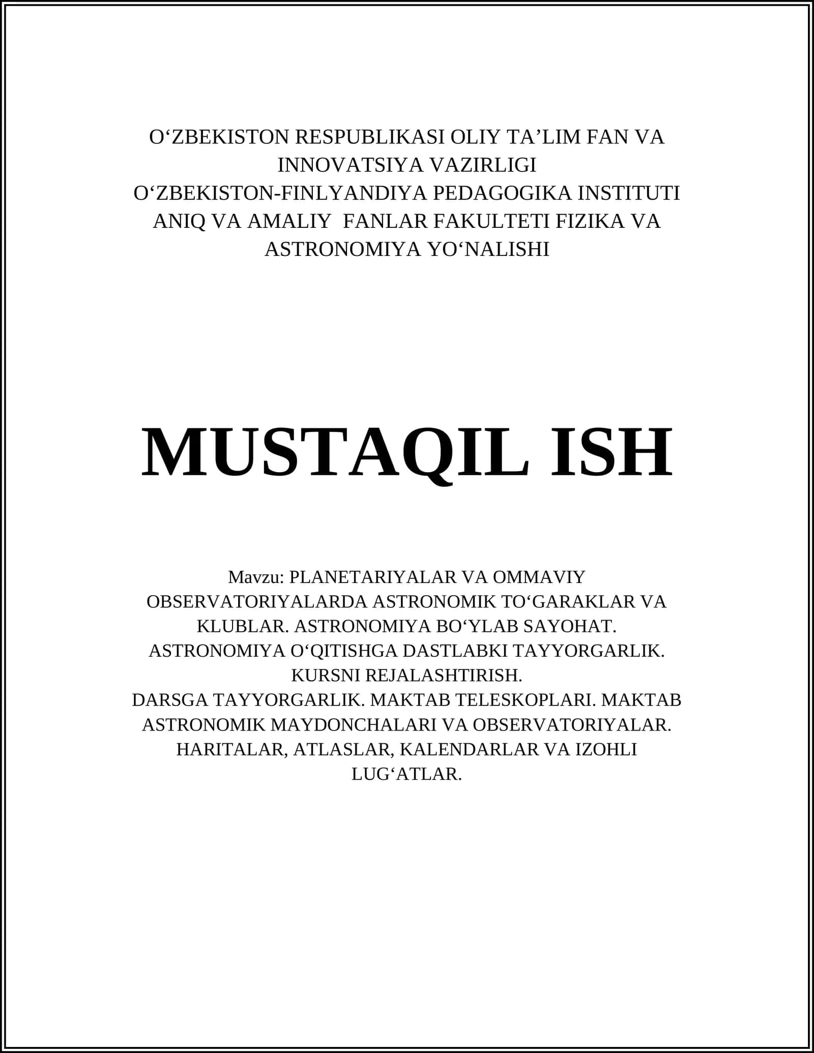 ASTRONOMIYA O‘QITISHGA DASTLABKI TAYYORGARLIK