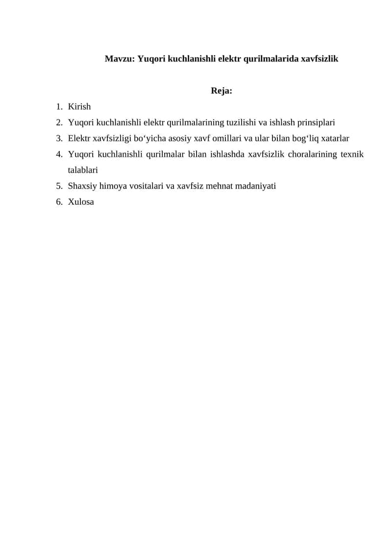 Yuqori kuchlanishli elektr qurilmalarida xavfsizlik