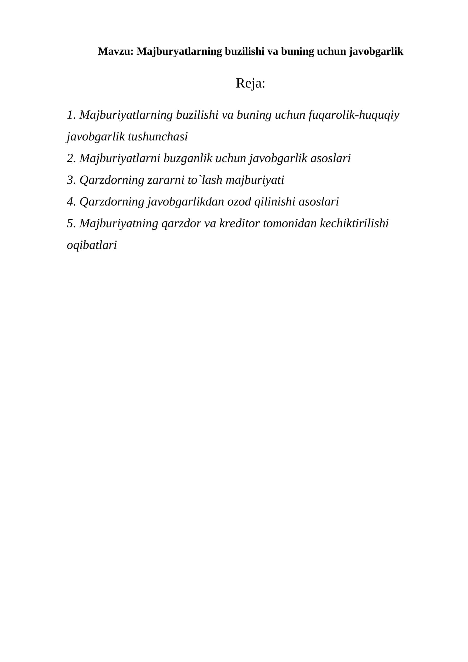 Majburyatlarning buzilishi va buning uchun javobgarlik mustaqil ish
