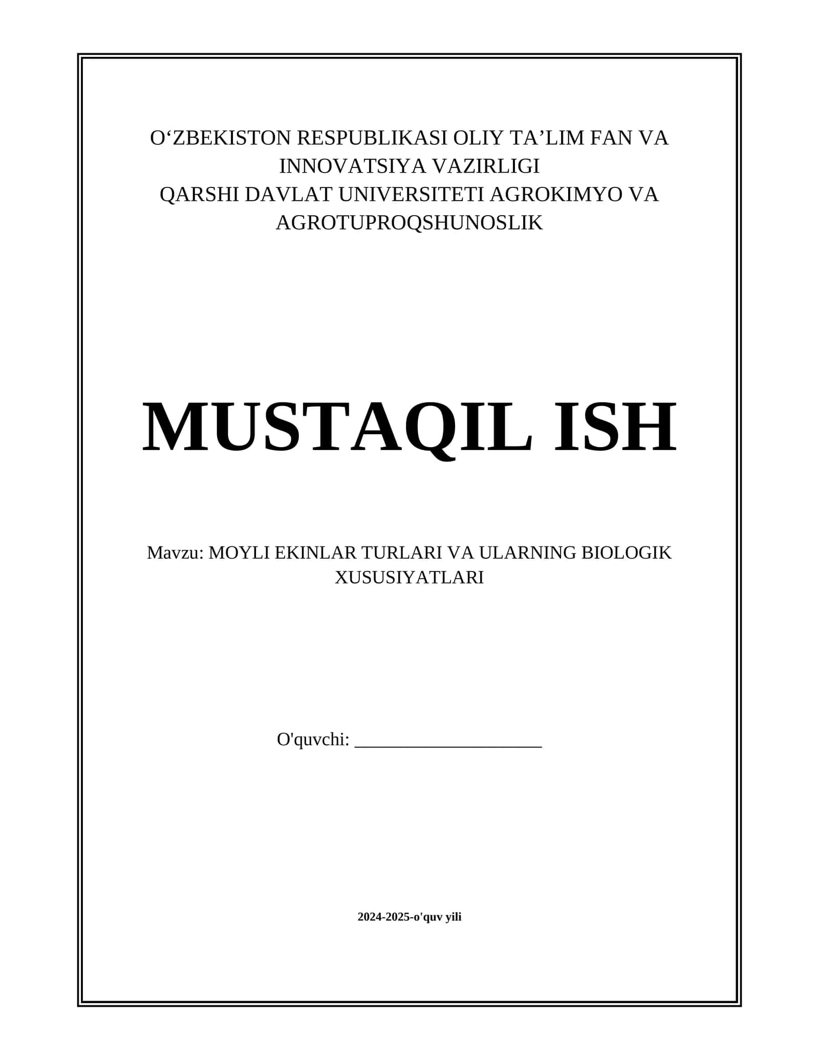MOYLI EKINLAR TURLARI VA ULARNING BIOLOGIK XUSUSIYATLARI