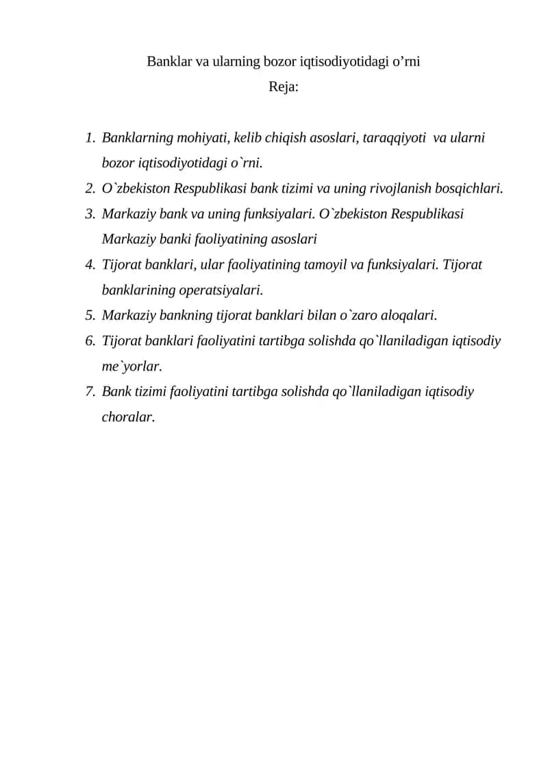 Banklar va ularning bozor iqtisodiyotidagi o’rni