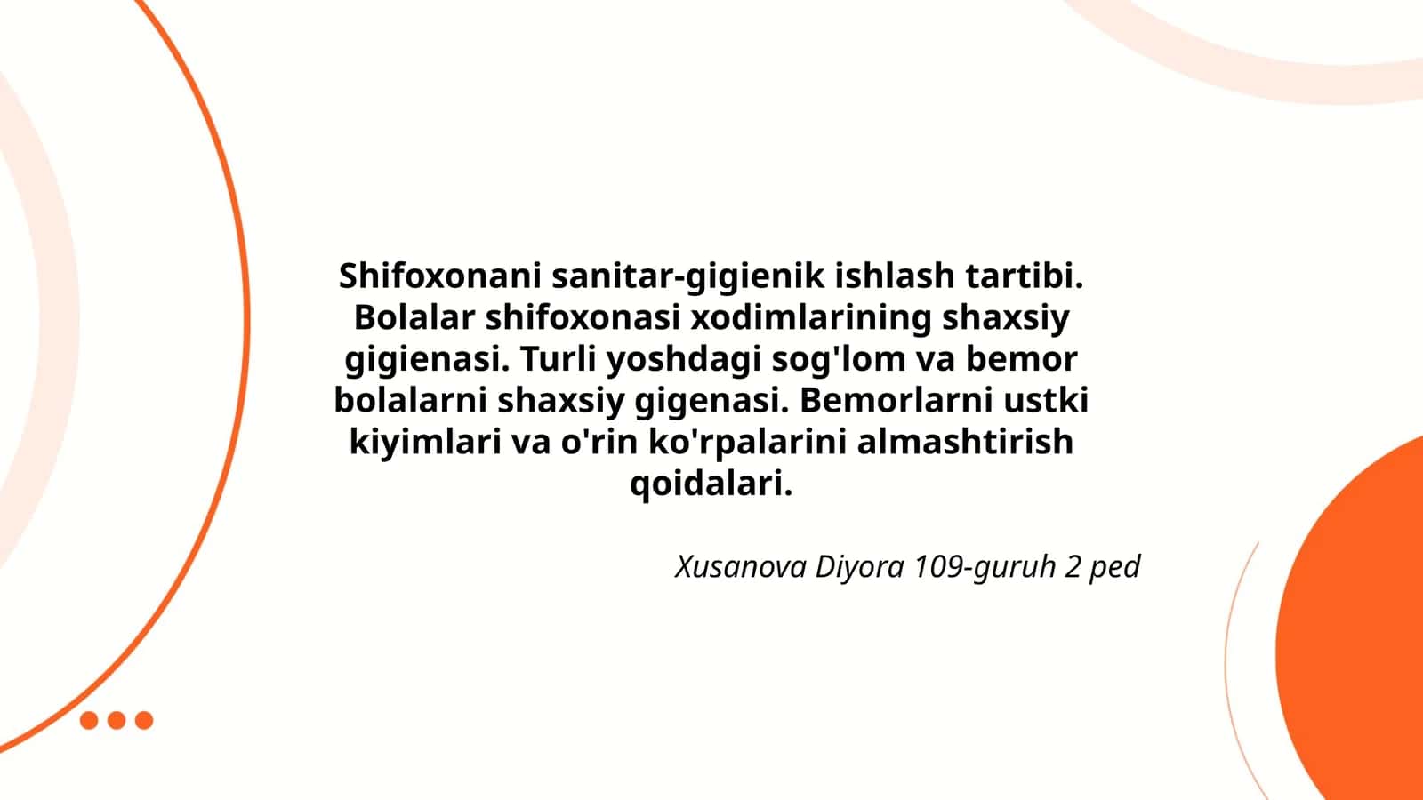 Shifoxonani sanitar-gigienik ishlash tartibi