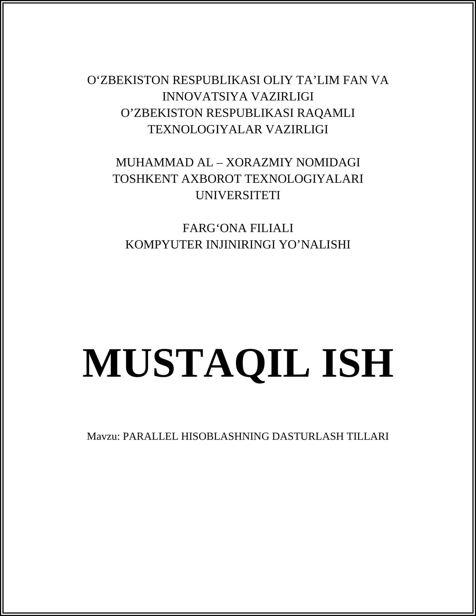 PARALLEL HISOBLASHNING DASTURLASH TILLARI